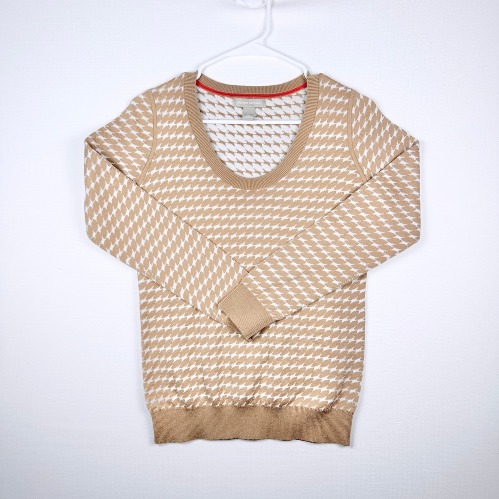 Banana Republic Womens Medium Tan White Geometric Scoop Neck Knit Sweater Luxury
